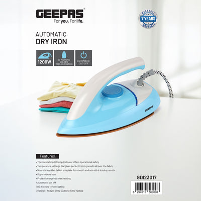 Geepas Automatic Dry Iron GDI23017 | 1200W Power | Nonstick Golden Teflon Soleplate | Temperature Control Dial, Handy Design | Suitable for All Fabrics | 7-Year Warranty