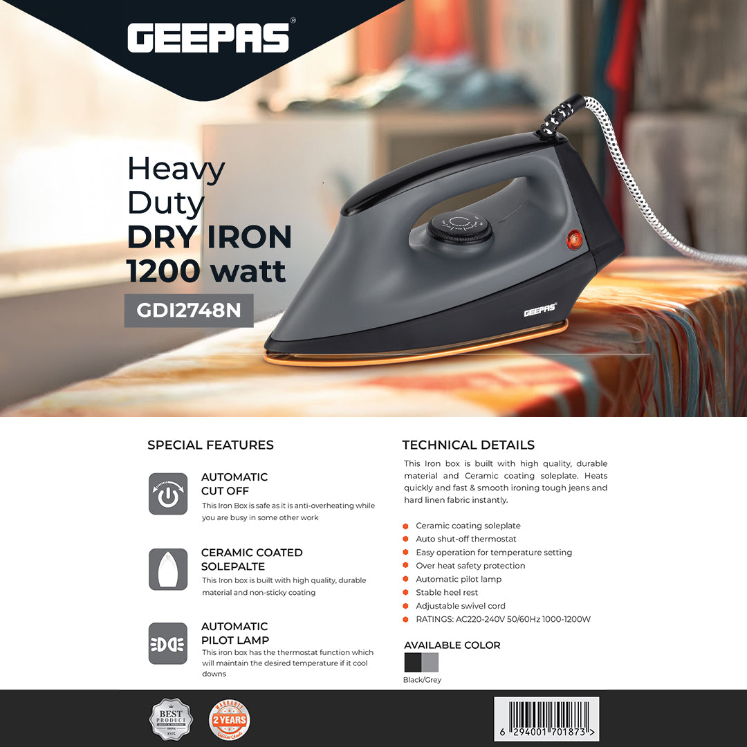 Geepas GDI2748 Heavy Duty Dry Iron | 1200W with Ceramic Coated Soleplate | Auto Cut-Off Thermostat| Adjustable Temperature Control for Safe & Smooth Ironing at Home