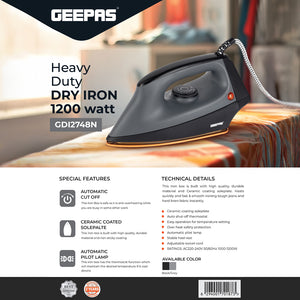 Geepas GDI2748 Heavy Duty Dry Iron | 1200W with Ceramic Coated Soleplate | Auto Cut-Off Thermostat| Adjustable Temperature Control for Safe & Smooth Ironing at Home