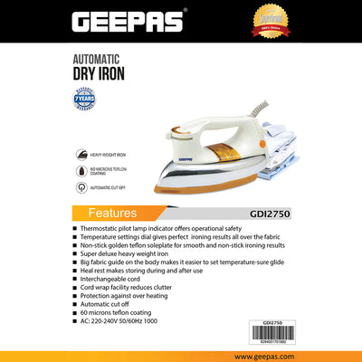 Geepas GDI2750 Automatic Heavy Weight Dry Iron | 1000W Power| Non-Stick Golden Teflon Soleplate| Adjustable Temperature Control | Overheat Protection|  7-Year Warranty