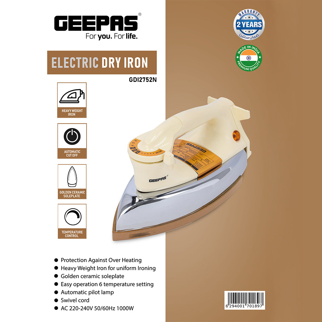 Electric Dry Iron, Golden Ceramic Soleplate Iron, GDI2752N | 1000W Heavy Weight Iron with Adjustable Temperature | Pilot Indicator Lamp | Overheat Protection | Swivel Cord