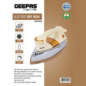 Electric Dry Iron, Golden Ceramic Soleplate Iron, GDI2752N | 1000W Heavy Weight Iron with Adjustable Temperature | Pilot Indicator Lamp | Overheat Protection | Swivel Cord
