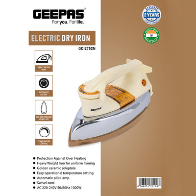 Electric Dry Iron, Golden Ceramic Soleplate Iron, GDI2752N | 1000W Heavy Weight Iron with Adjustable Temperature | Pilot Indicator Lamp | Overheat Protection | Swivel Cord