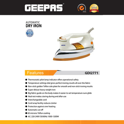 Geepas GDI2771 1200W Automatic Dry Iron -Durable Teflon Plated Sole Plate| Auto Shut Off, Temperature Setting Dial