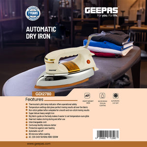 Geepas Automatic Dry Iron GDI2780 | 1200W Heavyweight Iron with 60 Microns Nonstick Golden Teflon Soleplate, Temperature Dial, Safe Handle, All Fabrics, 2Year Warranty