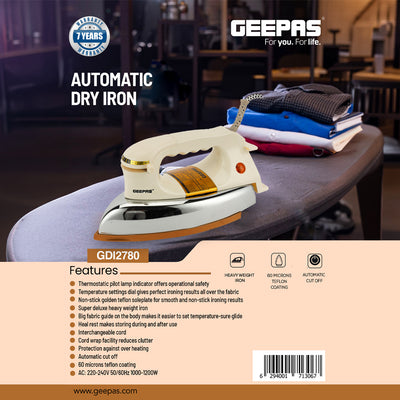 Geepas Automatic Dry Iron GDI2780 | 1200W Heavyweight Iron with 60 Microns Nonstick Golden Teflon Soleplate, Temperature Dial, Safe Handle, All Fabrics, 2Year Warranty