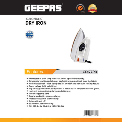 Geepas GDI7729 Automatic Dry Iron | 1000-1200W Power | Non-Stick Golden Teflon Soleplate | Adjustable Temperature Control | Overheat Protection |  2-Years Warranty