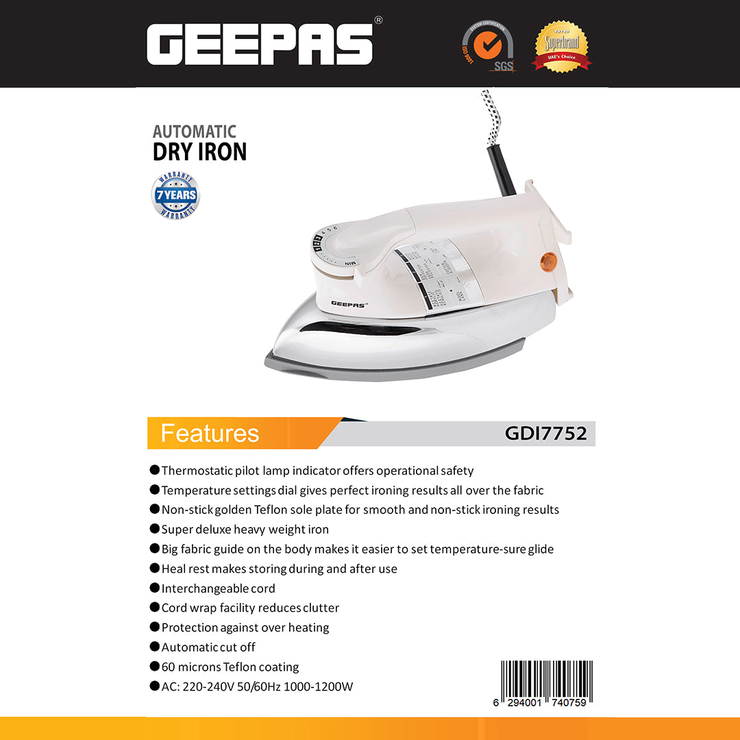 Geepas GDI7752 Automatic Heavy Weight Dry Iron | 1000-1200W Power, Non-Stick Golden Teflon Soleplate| Adjustable Temperature Control| Smooth Glide Design| 7-Year Warranty