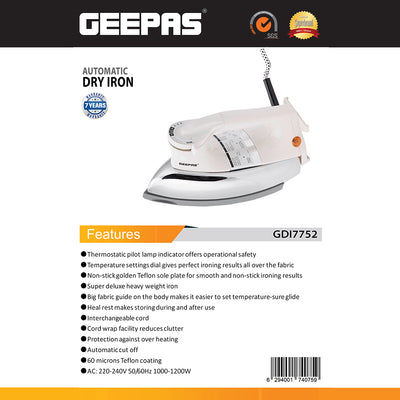 Geepas GDI7752 Automatic Heavy Weight Dry Iron | 1000-1200W Power, Non-Stick Golden Teflon Soleplate| Adjustable Temperature Control| Smooth Glide Design| 7-Year Warranty