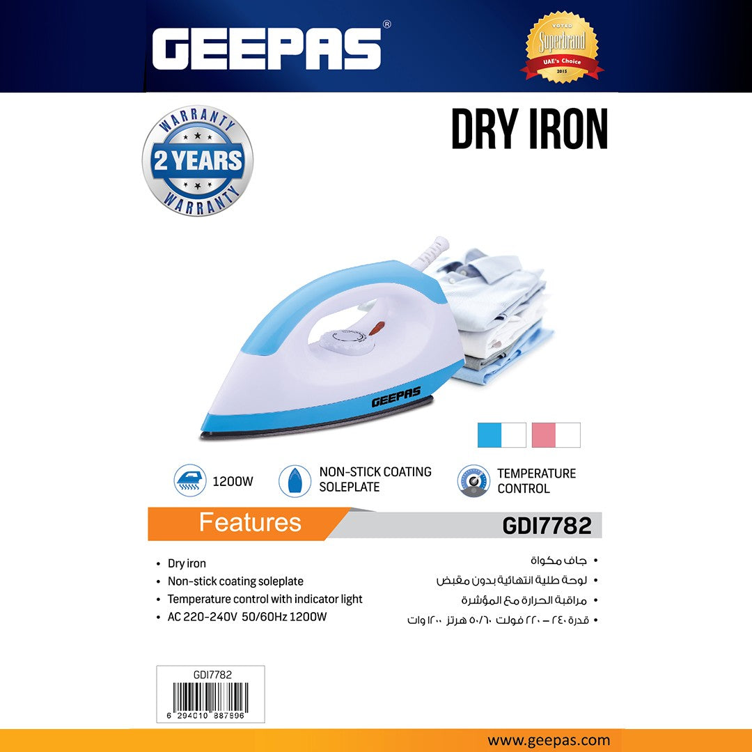 Geepas GDI7782 Dry Iron 1200W | Non-Stick Soleplate | Adjustable Temperature Control | Indicator light | Smooth wrinkle removal |Durable ABS body | 2-year warranty