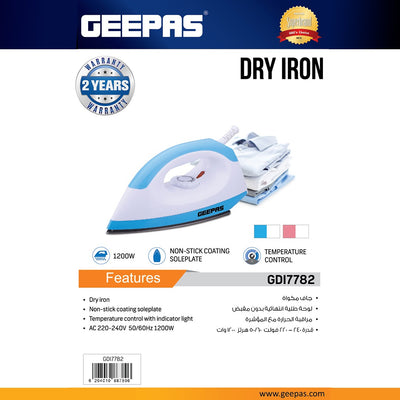 Geepas GDI7782 Dry Iron 1200W | Non-Stick Soleplate | Adjustable Temperature Control | Indicator light | Smooth wrinkle removal |Durable ABS body | 2-year warranty