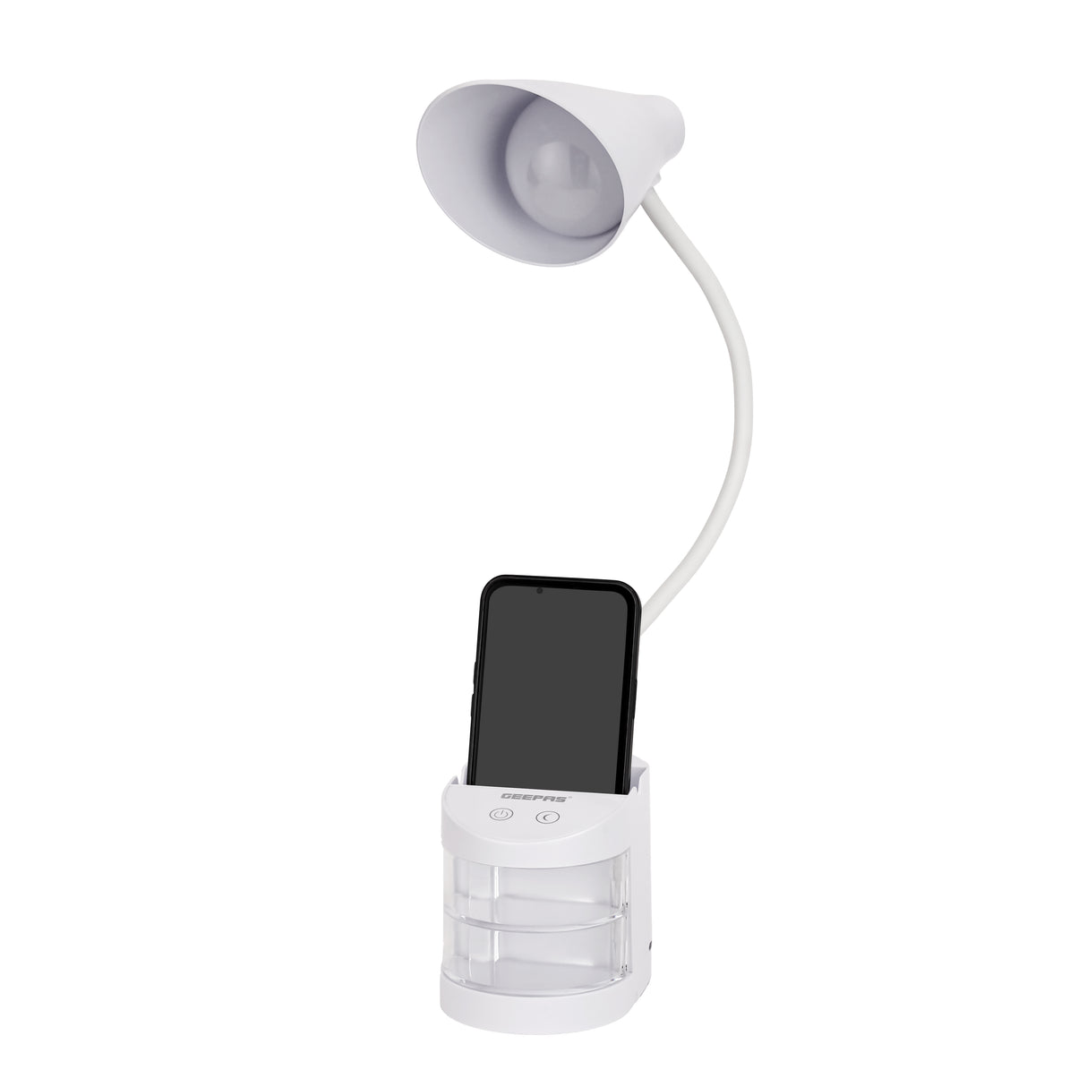 Geepas GDL53039 Rechargeable Reading Lamp |Table Light with Pencil Vase, Transparent Storage Box, Adjustable Silicone Tube, Lithium Battery, 12H Backup, 2Year Warranty