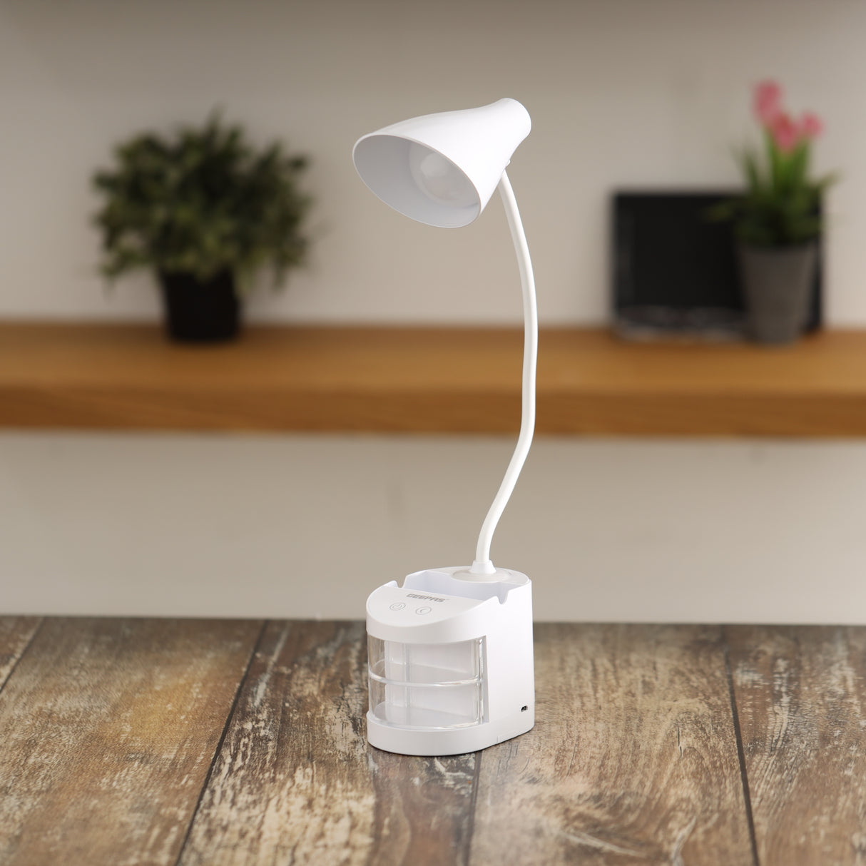 Geepas GDL53039 Rechargeable Reading Lamp |Table Light with Pencil Vase, Transparent Storage Box, Adjustable Silicone Tube, Lithium Battery, 12H Backup, 2Year Warranty