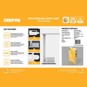 Geepas GDL53039 Rechargeable Desk Lamp | 1200mAh LED Study Lamp |Type-C Charging | 28 High-Brightness LEDs | Adjustable Lamp Head |Storage Base Design | 2-Year  Warranty