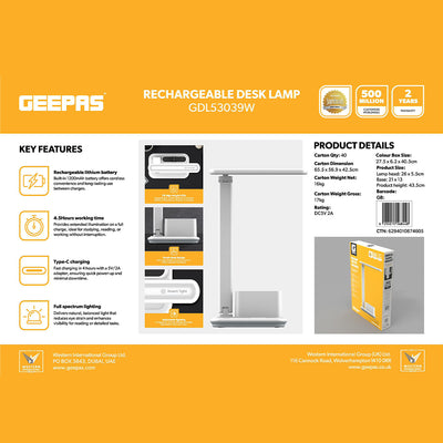 Geepas GDL53039 Rechargeable Desk Lamp | 1200mAh LED Study Lamp |Type-C Charging | 28 High-Brightness LEDs | Adjustable Lamp Head |Storage Base Design | 2-Year  Warranty