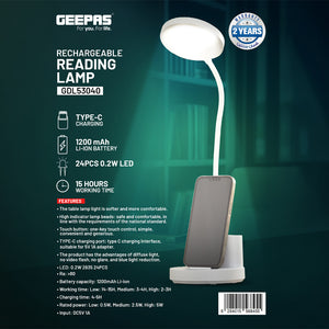 Geepas Rechargeable Reading Lamp- GDL53040/ Table Light with Phone Holder, Lithium Battery/ Perfect for Studying, Working, Travelling, Light-Weight and Compact Design