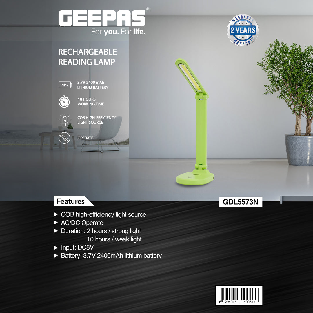 Geepas GDL5573 Rechargeable Reading Lamp | COB High-Efficiency Light| 2400mAh Battery| 10 Hours Working|  Portable Study Lamp for Home & Office | 2 Years Warranty