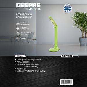 Geepas GDL5573 Rechargeable Reading Lamp | COB High-Efficiency Light| 2400mAh Battery| 10 Hours Working|  Portable Study Lamp for Home & Office | 2 Years Warranty