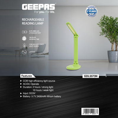 Geepas GDL5573 Rechargeable Reading Lamp | COB High-Efficiency Light| 2400mAh Battery| 10 Hours Working|  Portable Study Lamp for Home & Office | 2 Years Warranty