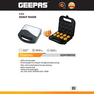 Geepas Donut Maker GDM36532 | 8 Pcs Capacity | 650–780W Power| Non-Stick Plates| Cool-Touch Housing | Compact Upright Storage| Skid-Resistant Feet | 2 Years Warranty