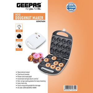 Geepas Mini Doughnut Maker GDM3760 | 12-Piece Donut Plate | 1100W Power | Auto Temperature Control | Non-Stick Plates | Compact & Safe Design |  2-Year Warranty