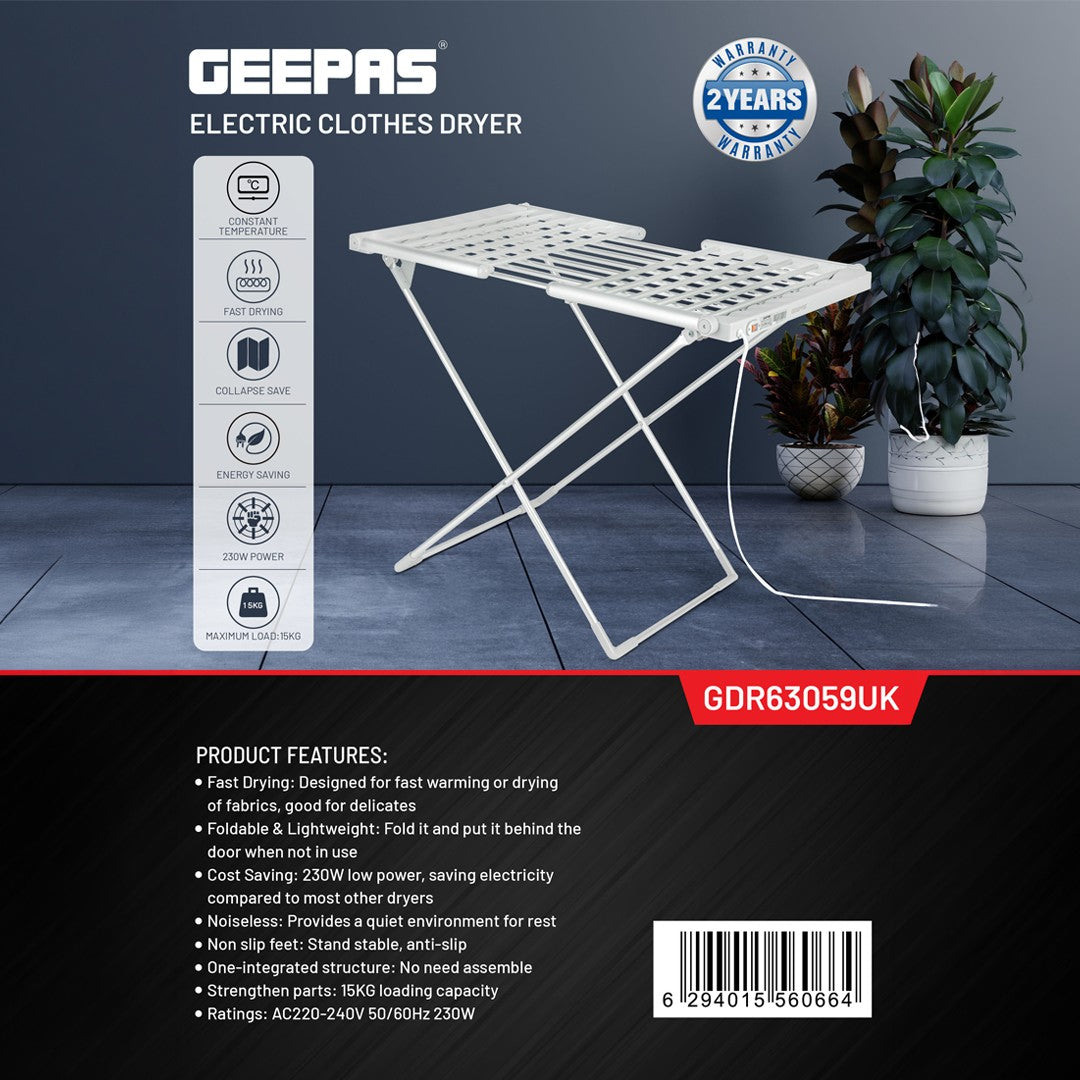 Geepas Electric Cloth Dryer GDR63059UK with 15kg capacity, side wings, foldable, sturdy and compact design, constant temperature, energy saving, white, 2-year warranty