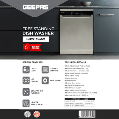 Geepas Free Standing Dishwasher GDW1354SV | 13 Place Settings, 2 Baskets, Stainless Steel Tub, 5 Wash Programs, Delay Timer, LED Display, Child Lock, 2Year Warranty