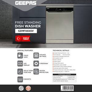 Geepas Free Standing Dishwasher GDW1464SV|13 Place Settings, 2 Baskets, Stainless Steel Tub, 7 Programs, Quick  Wash, Delay Timer, LED Display, Child Lock, 2Year Warranty