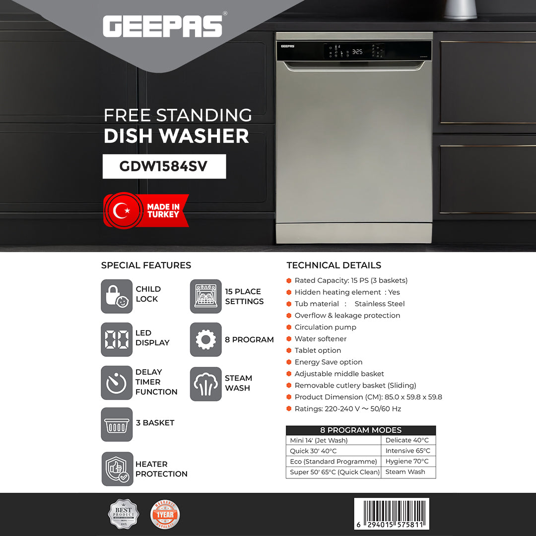 Geepas Free Standing Dishwasher GDW1584SV | 15 Place Settings, 3 Baskets, Stainless Steel Tub, 8 Programs, Delay Timer, LED Display, Child Lock, 2 Year Warranty