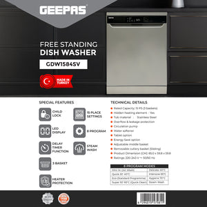 Geepas Free Standing Dishwasher GDW1584SV | 15 Place Settings, 3 Baskets, Stainless Steel Tub, 8 Programs, Delay Timer, LED Display, Child Lock, 2 Year Warranty