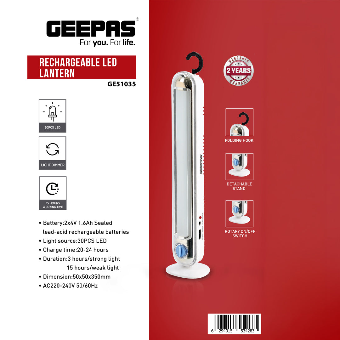 Geepas GE51035 Rechargeable LED Lantern with 30 LEDs| Light Dimmer| 15 Hours Working  Folding Hook & Detachable Stand | Portable Emergency Lighting | 2 Years warranty