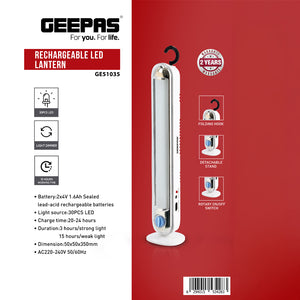 Geepas GE51035 Rechargeable LED Lantern with 30 LEDs| Light Dimmer| 15 Hours Working  Folding Hook & Detachable Stand | Portable Emergency Lighting | 2 Years warranty