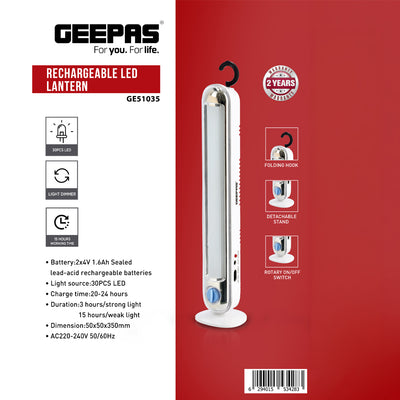 Geepas GE51035 Rechargeable LED Lantern with 30 LEDs| Light Dimmer| 15 Hours Working  Folding Hook & Detachable Stand | Portable Emergency Lighting | 2 Years warranty