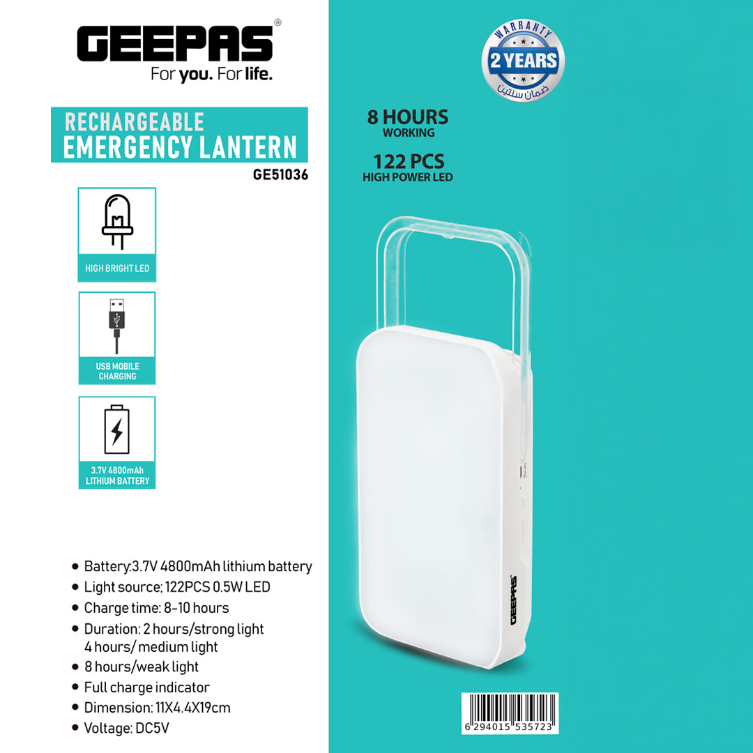 Geepas GE51036 Ultra-Bright Rechargeable Emergency Lantern | 122 High Power LEDs| 4800mAh Lithium Battery| USB Mobile Charging| Up to 8 Hours Runtime| 2 Years Warranty