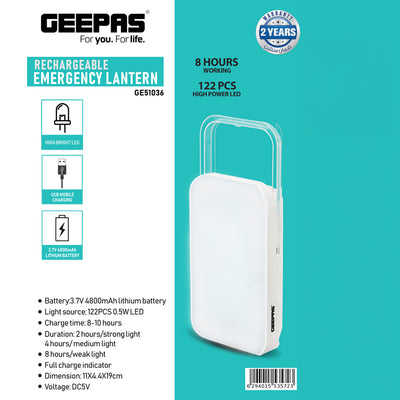 Geepas GE51036 Ultra-Bright Rechargeable Emergency Lantern | 122 High Power LEDs| 4800mAh Lithium Battery| USB Mobile Charging| Up to 8 Hours Runtime| 2 Years Warranty