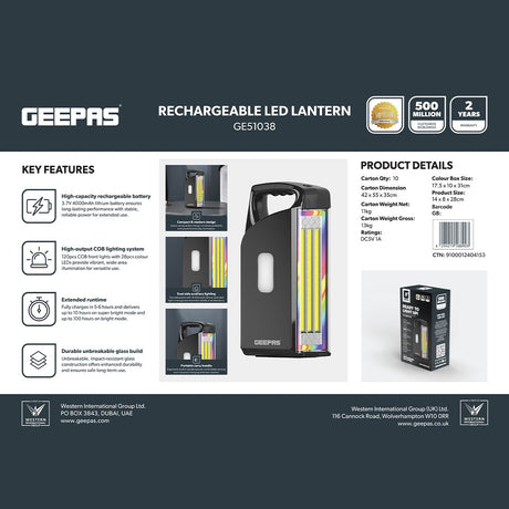 Geepas GE51038 Rechargeable LED Lantern 4000mAh Battery |High-Capacity Rechargeable Battery|High-Output COB Lighting  | Dual Auxiliary Side Lights |Portable Carry Handle