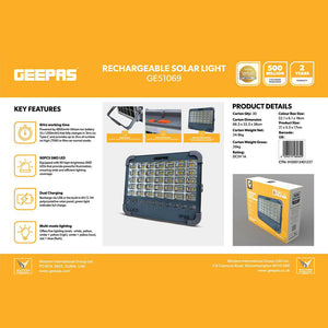 Geepas GE51069 Rechargeable Solar Light | 90 SMD LEDs | Dual USB & Solar Charging| 4800mAh Battery| IP66 Waterproof Design & Multi-Mode Bright Lighting for Outdoor Use