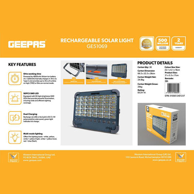 Geepas GE51069 Rechargeable Solar Light | 90 SMD LEDs | Dual USB & Solar Charging| 4800mAh Battery| IP66 Waterproof Design & Multi-Mode Bright Lighting for Outdoor Use
