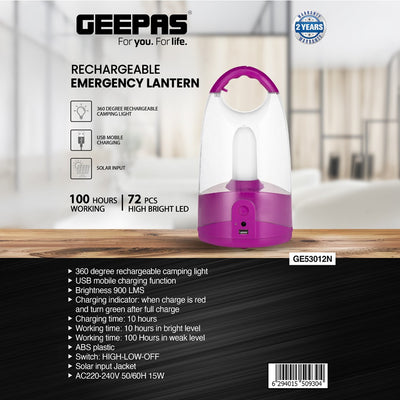 Geepas GE53012 Rechargeable Emergency Lantern |72 High-Bright LEDs| 360° Area Lighting| USB Mobile Charging & Solar Input | Camping & Emergencies | 2 Years Warranty