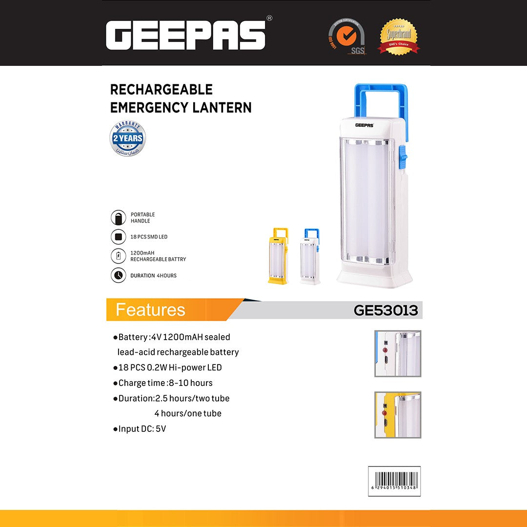 Geepas GE53013 Rechargeable Emergency Lantern |18 SMD LEDs| 4V 1200mAh Lead-Acid Battery|4 Hours Runtime| Dual-Tube Bright Light| DC 5V Input| Reliable Emergency Lighting