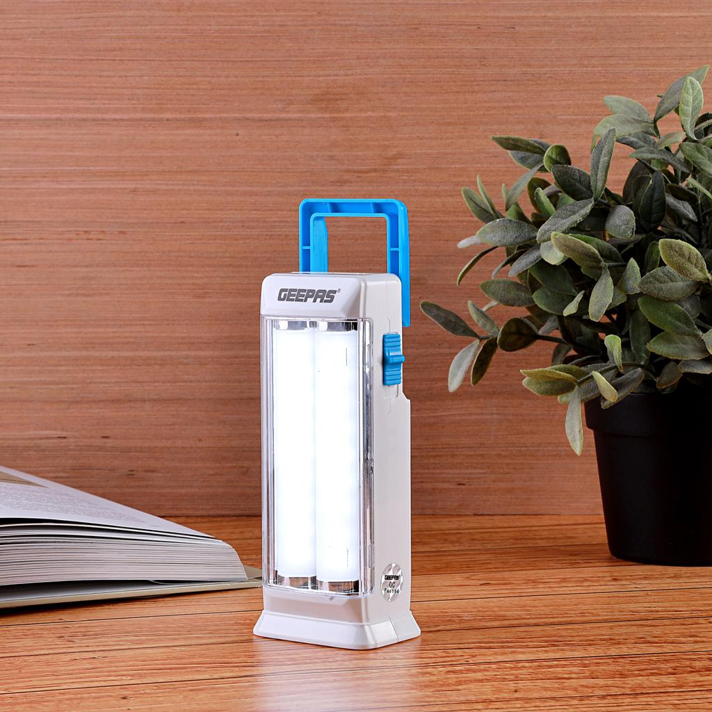 Geepas GE53013 Rechargeable Emergency Lantern |18 SMD LEDs| 4V 1200mAh Lead-Acid Battery|4 Hours Runtime| Dual-Tube Bright Light| DC 5V Input| Reliable Emergency Lighting