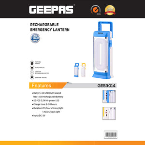 Geepas GE53014 Rechargeable Emergency Lantern| 20 SMD LEDs|1200mAh Battery| Dual Brightness Modes| Portable Handle & 4 Hours Working  | Compact Home & Emergency Light