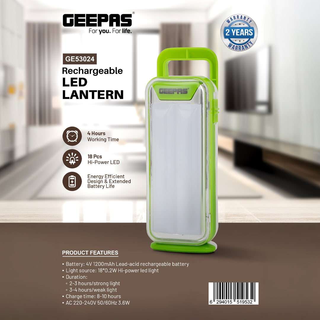 Geepas GE53024 Rechargeable LED Lantern | 18 Hi-Power LEDs|Energy-Saving Design| 4 Hours Working| Long-Life 1200mAh Battery| Ideal for Home & Camping Use| 2 Year Warranty
