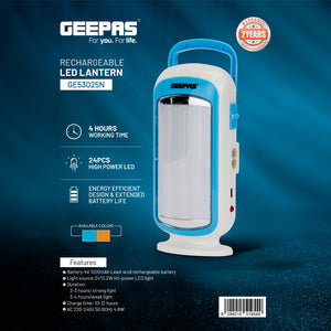 Geepas GE53025 Rechargeable LED Lantern with 24 High Power LEDs| 4 Hours Runtime| Compact Energy-Efficient Emergency Light for Home Use with Reliable | 2-Year Warranty
