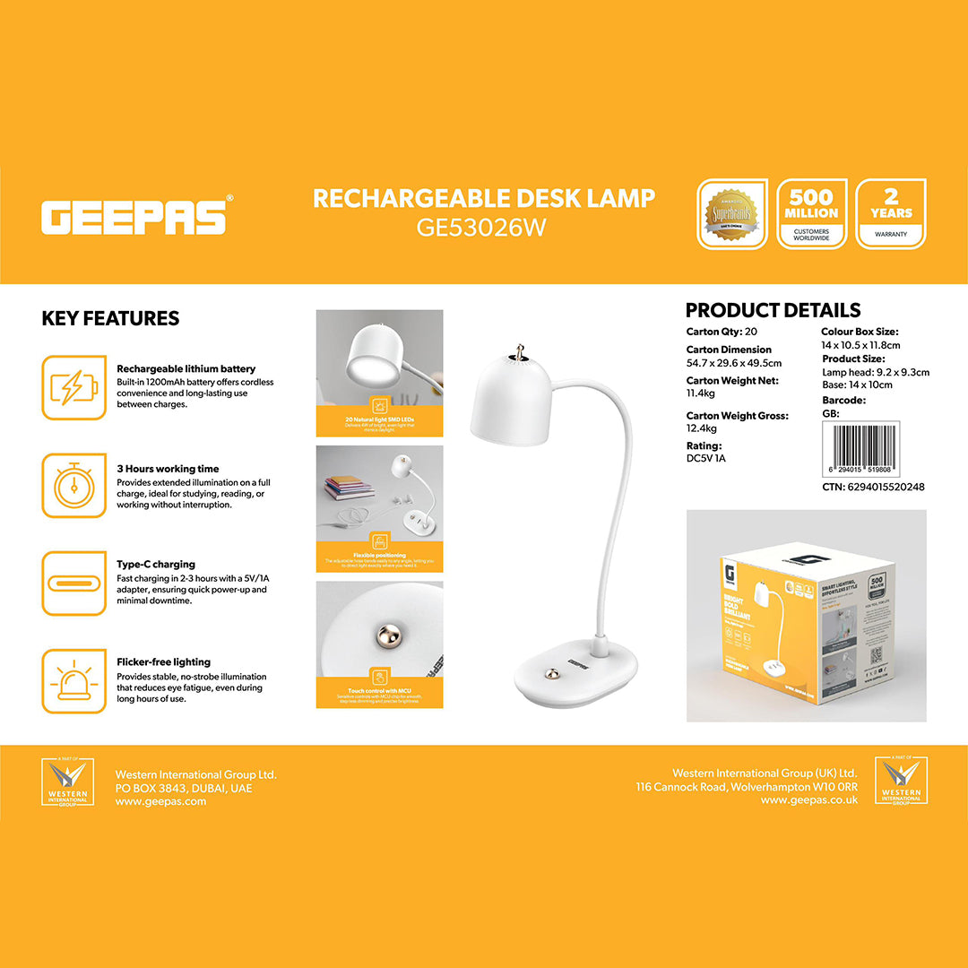 Geepas GE53026 Rechargeable Desk Lamp | 1200mAh LED Lamp |20 Natural Light SMD LEDs | Up to 3 Hours Working Time  | Flicker-Free Lighting |Touch Control |2-Year Warranty