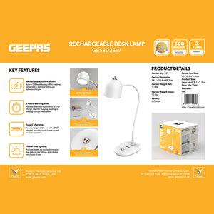 Geepas GE53026 Rechargeable Desk Lamp | 1200mAh LED Lamp |20 Natural Light SMD LEDs | Up to 3 Hours Working Time  | Flicker-Free Lighting |Touch Control |2-Year Warranty