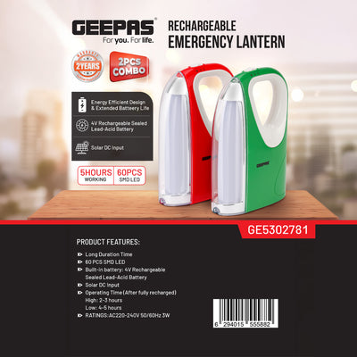 Geepas Rechargeable Emergency Lantern- GE53027| Pack of 2, Extended Battery Life, 60 Pieces SMD LEDs and Long Hours Working| Portable and Light-Weight Design| Red & Green