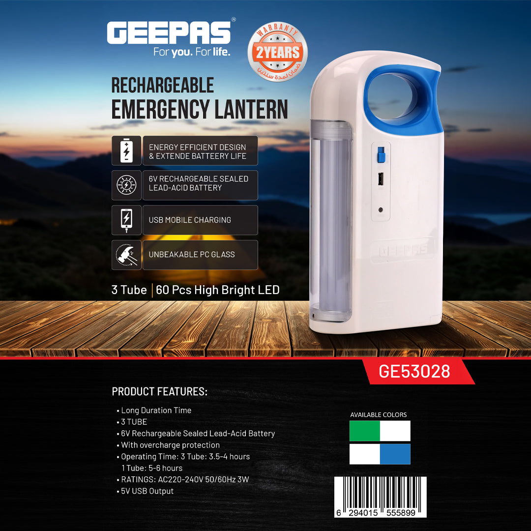 Geepas GE53028 High Brightness Rechargeable Emergency Lantern | 60 High Bright LEDs|  6V Lead-Acid Battery| USB Mobile Charging & Unbreakable PC Glass|  2 years warranty