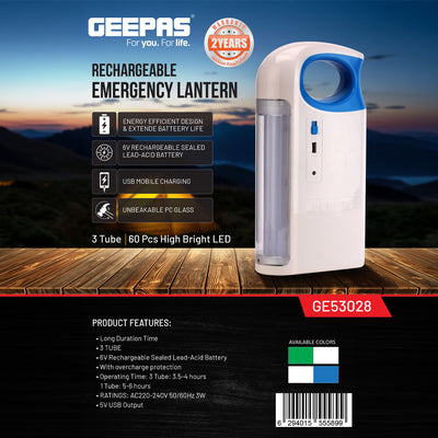 Geepas GE53028 High Brightness Rechargeable Emergency Lantern | 60 High Bright LEDs|  6V Lead-Acid Battery| USB Mobile Charging & Unbreakable PC Glass|  2 years warranty