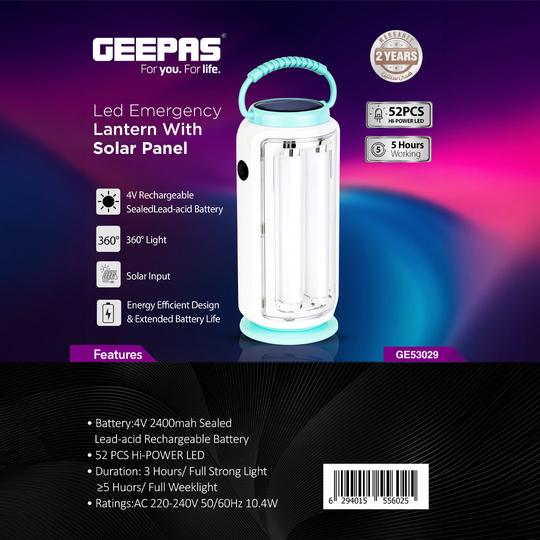 Geepas LED Emergency Lantern with Solar Panel GE53029 |52 LEDs, 360° Light, 5Hours Backup |Energy Efficient, Portable, Lightweight Design | Blue & White, 2 Years Warranty